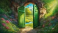 door in the park A painting with a door to fairy land and a landscape. The painting is colored with watercolor