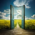 Door set in a pavement, opening up to a serene meadow filled with vibrant wildflowers and a winding path .