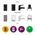 Door, shower cubicle, mirror with drawers, faucet.Furniture set collection icons in black, flat, monochrome style vector