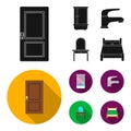 Door, shower cubicle, mirror with drawers, faucet.Furniture set collection icons in black, flat style vector symbol
