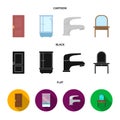 Door, shower cubicle, mirror with drawers, faucet.Furniture set collection icons in cartoon,black,flat style vector