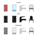 Door, shower cubicle, mirror with drawers, faucet.Furniture set collection icons in cartoon,black,monochrome style