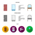 Door, shower cubicle, mirror with drawers, faucet.Furniture set collection icons in cartoon,flat,monochrome style vector