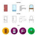 Door, shower cubicle, mirror with drawers, faucet.Furniture set collection icons in cartoon,outline,flat style vector