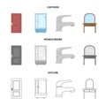 Door, shower cubicle, mirror with drawers, faucet.Furniture set collection icons in cartoon,outline,monochrome style