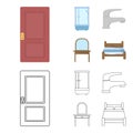 Door, shower cubicle, mirror with drawers, faucet.Furniture set collection icons in cartoon,outline style vector symbol