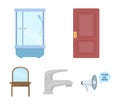 Door, shower cubicle, mirror with drawers, faucet.Furniture set collection icons in cartoon style vector symbol stock