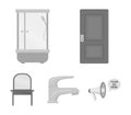 Door, shower cubicle, mirror with drawers, faucet.Furniture set collection icons in monochrome style vector symbol stock
