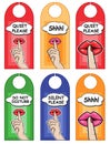 Door signs quiet please, shhh, silence please, do not disturb vector illustrations in pop art comics style. Woman making silence Royalty Free Stock Photo