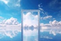 Door in the sky with clouds reflected in water