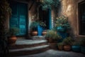 Door steps backyard plants. Generate Ai