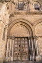 The door of the temple of the Holy Sepulcher Israel, Jerusalem. Wooden antique door with iron bars, closed due to quarantine