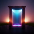 Door to another dimension. Glowing doorway in a field. Luminous portal. Digital illustration. AI-generated Royalty Free Stock Photo