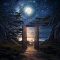 A Door to Enter the Universe: Milky Way Portal in the Forest with Ocean Beach AI Generated