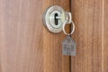 Door to a new home. Door handle with key and home shaped keychain. Mortgage, investment, real estate, property and new home Royalty Free Stock Photo