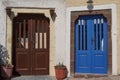 Door to the private house in traditional Cyclades village Pyrgos, Santorini island, Greece Royalty Free Stock Photo