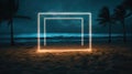 Door to the sea. Illuminated square frame on beach sand and palm avenue.