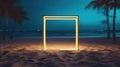 Door to the sea. Illuminated square frame on beach sand and palm avenue.