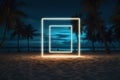 Door to the sea. Illuminated square frame on beach sand and palm avenue.