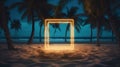 Door to the sea. Illuminated square frame on beach sand and palm avenue.