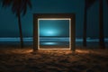 Door to the sea. Illuminated square frame on beach sand and palm avenue.