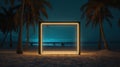 Door to the sea. Illuminated square frame on beach sand and palm avenue.