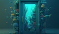 door with underwater scene, digital art illustration, Generative AI