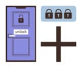 Door unlocking concept with lock icons and plus sign for security or access solutions Royalty Free Stock Photo