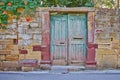 door on vintage house stone wall facade
