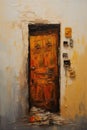 Door in wall. In style of oil painting. Metaphorical associative card on theme of Choice, door to the unknown, exit