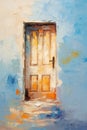 Door in wall. In style of oil painting. Metaphorical associative card on theme of Choice, door to the unknown, exit