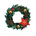 Door wreath design for Christmas holiday. Festive circle decoration, Xmas ornament with red berries, bells, poinsettia Royalty Free Stock Photo