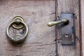 Doorknob and knocker on old wooden door Royalty Free Stock Photo