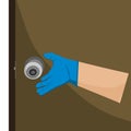 Doorknob and right hand wear blue gloves.