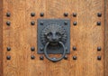 Doorknocker in the shape of a lion head holding a ring on the wooden gate