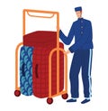 Doorman hotel, baggage service, porter uniform, isolated on white, hospitality work, design, in cartoon style vector