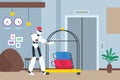 doorman porter robot humanoid with baggage trolley working in hotel vector