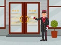 Doorman in uniform standing at hotel entrance. Welcome to hotel cartoon vector