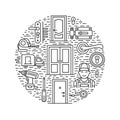 Doors installation, repair banner illustration. Vector line icons of various door types, handle, latch, lock, hinges