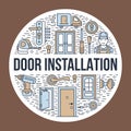 Doors installation, repair banner illustration. Vector line icons of various door types, handle, latch, lock, hinges