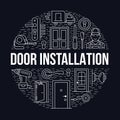 Doors installation, repair banner illustration. Vector line icons of various door types, handle, latch, lock, hinges