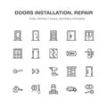 Doors installation, repair line icons. Various door types, handle, latch, lock, hinges. Interior design thin linear Royalty Free Stock Photo