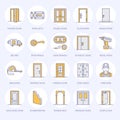 Doors installation, repair line icons. Various door types, handle, latch, lock, hinges. Interior design thin linear Royalty Free Stock Photo