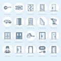 Doors installation, repair line icons. Various door types, handle, latch, lock, hinges. Interior design thin linear Royalty Free Stock Photo