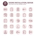 Doors installation, repair line icons. Various door types, handle, latch, lock, hinges. Interior design thin linear