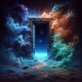 Doors leading into the unknown surrounded by colorful smoke. Abstraction. Royalty Free Stock Photo
