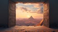 Doors open to majestic mountain peak at sunset. Concept of freedom, travel, adventure, discovery, opportunity, new