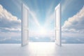 Doors open to serene blue sky with fluffy white clouds. Concept of heaven, hope, dreams, positivity, new horizons