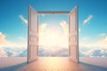 Doors open to serene blue sky with fluffy white clouds. Concept of heaven, hope, dreams, positivity, new horizons Royalty Free Stock Photo