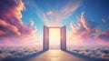 Doors open to a vibrant sky above the clouds. Concept of heaven, hope, dreams, positivity, new horizons, freedom, the